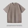 Camiseta de Algodón Puro Lavada Vintage Pesada Transfronteriza, Color Sólido Manga Corta Corte Holgado Hombro Caído Cuello Redondo Venta al por Mayor Camiseta Retro Americana