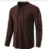 Nueva camisa henley de algodón y lino para hombre de Amazon, manga larga, estilo hippie casual, para la playa, con cuello mao, talla europea
