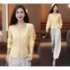 Conjunto de Verano para Mujer Estilo Chino Nuevo Hecho a Medida: Camisa Elegante y de Moda de Manga Larga con Cuello en V y Pantalones de Pierna Ancha