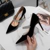 Outono 2025 Novos Sapatos de Salto Alto Mary Jane Apontados Brancos com Strass Salto Agulha Elegantes Sapatos Únicos de Couro Envernizado para Mulheres