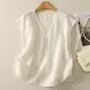 Top sin mangas minimalista de algodón y lino, versátil, con cuello en V, adelgazante, relajado, holgado y cómodo.