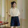 Camisa feminina casual estilo japonês, nova moda verão 2024, design estilo coreano, gola alta, manga curta, cor sólida, estilo japonês