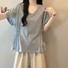 Ropa para Mujer Tallas Grandes 2026 Verano Nuevo Diseño Nicho Empalme Cintura con Cordón Adelgazante Hombro Normal Camiseta de Manga Corta