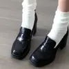 Zapatos Mary Jane retro de tacón alto para mujer, mocasines de tacón grueso de corte profundo, zapatos de cuero de estilo británico con suela gruesa y punta cuadrada