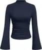 2026 Estilo Novo Europeu e Americano Transfronteiriço Feminino Gola Redonda Meia-alta Tricô Canelado Slim Fit Manga Flare Cintura Marcada Cor Sólida Manga Longa