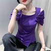 2025 Verano Sexy Hombro Descubierto Manga Corta Camiseta Mujer Top Europeo Cintura Irregular Slim Jersey Camiseta