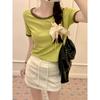 Camiseta de Manga Corta Verano 2024 Trendy Color de Contraste Bolso Lateral Hombro Color Sólido Ajustada Top de Cuello Redondo Corto Estilo Coreano Ropa de Mujer