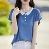 25 anos primavera e verão novo suéter de lapela Tencel liocel camiseta de manga curta feminina com combinação de cores pulôver camiseta básica top