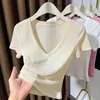Camiseta de Punto de Manga Corta con Cuello en V Estilo Coreano para Mujer, Nuevo Modelo Verano 2026, Tejido de Seda de Hielo Ajustado Versátil Elegante