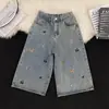 Calça Jeans Cropped Bordada com Cachorro Preto Divertido para Homens e Mulheres, Design de Verão, Shorts Retos Largos da Moda, Tendência