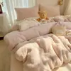 Juego de Cama de Cuatro Piezas de Vellón de Cordero Grueso y Esponjoso Estilo Coreano, Juego Sencillo de Color Sólido Cálido de Vellón de Coral para Sábana y Funda de Edredón
