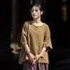 Blusa artística e vintage de algodão e linho para mulheres, novo suéter de verão estilo chinês, inspirado em Zen, cor sólida simples, com gola abotoada, gola redonda e mangas curtas