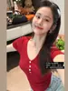 Ju Slimming Look Tencel Lã Seda Henry Camiseta de Manga Curta Feminina Malha Fina Gola V Elástica Slim Fit