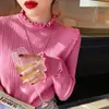 Tejido de hilo de núcleo, cuello semi-alto, suéter con borde de volantes, estilo femenino, adecuado para otoño e invierno, se puede usar como capa exterior o como capa base para un look sofisticado