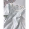 Camiseta de Bloques de Color a Rayas Azules y Blancas para Mujer Verano 2026, Corte Ajustado, Estilo Pure Desire, Cuello Redondo, Top Básico, Hombro Normal, Manga Corta