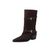 Botas de gamuza de vaca de dos capas hasta la mitad de la pantorrilla para mujer, botas de montar, nuevas para otoño e invierno, puntera cuadrada, tacón alto grueso, de meter, hebilla de cinturón, botas casuales para mujer