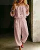 2026 Nuevo Top Europeo y Americano Transfronterizo de Amazon Hombros Descubiertos para Mujer Pantalones Jogger Casuales con Cordón Conjunto de Dos Piezas para Mujer