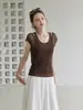 Camiseta de Manga Corta para Mujer, Estilo Americano, Falso Dos Piezas, Cuello en V, Color Merade, Nueva Llegada de Verano, Diseño de Nicho, Ajuste Ceñido