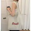 Bolsa de Lona Casual de Gran Capacidad Estilo Coreano para Mujer, Bolsa Tote Versátil con Cierre de Cordón y Diseño de Letras, Bolso de Hombro Portátil Elegante para el Día a Día