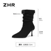 Botas ZHR de Veludo Amassado Empilhadas 2026 Chegada Nova Outono/Inverno Bico Fino Botas Western Salto Fino Salto Alto Botas Emagrecedoras