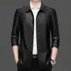 Jaqueta de Couro Masculina para Outono e Inverno, Estilo Casual de Negócios, Adequada para Pais de Meia-Idade e Idosos, Gola com Botões, Jaqueta de Couro, Novo Modelo 2025