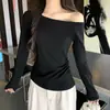 Outono e Inverno Algodão Puro Canelado Puro Desejo Design Sutil Manga Longa Camiseta Feminina Ombro Único Ombro Diagonal Camada Interna Camada Base Top