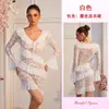Vestido mini de renda transparente estilo europeu e americano Feyun, decote V, detalhe de amarração, barra com babados, mangas longas amplas, vestido de festa sexy 1230