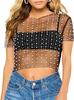 Camiseta corta sin mangas ajustada de malla con perlas y diamantes de imitación para mujer europea y americana con perspectiva sexy y cuentas de burbujas de diamantes brillantes