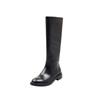 Botas de couro bovino estilo extra simples e largo cano alto 2024 outono e inverno salto baixo grosso bico redondo botas soltas de couro de cano alto para mulheres
