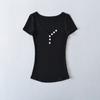 Deseo Puro Verano Nuevo Caliente Chica Cuello en V Manga Corta Camiseta de Mujer Ajustada Cintura Adelgazante Elástica Ceñida Reveladora del Cuerpo