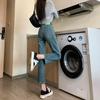 Calça jeans feminina Smoke Pipe Cropped Slim-fit Retro Novo design de moda Stretch Verde Couro Etiqueta Cintura alta Pequena Calça reta