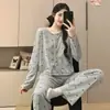 Pijama para Mujer para Primavera y Otoño, 6535 Algodón Encaje Manga Larga Dulce Floral Casual Conjunto de Ropa de Casa para Mujer, Adecuado para Usar Afuera