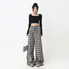 Pantalones grises a cuadros estilo americano vintage engrosados, sueltos de pierna ancha, con múltiples botones, caída relajada, pantalones casuales rectos para mujer