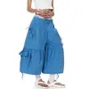 Calças cargo cropped femininas estilo retrô americano com cordão, pregas e bolsos grandes, novo estilo de verão, shorts tipo lanterna soltos, na moda