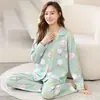 Pijama 100% Algodón Puro para Mujer Primavera y Otoño Manga Larga Estilo Coreano Dibujos Animados para Niña Traje Cardigan de Invierno Ropa de Exterior Ropa para el Hogar