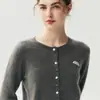 Cardigã de cashmere liso com gola redonda para mulheres, manga longa, botões bordados de guarda-chuva pequenos, camada externa de suéter de tricô, top de lã