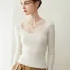 Suéter de Punto Básico de Moda con Cuello Grande en U 100% Cachemira para Mujer, Canalé, Ajuste Delgado, Capa Base de Lana, Suave para Otoño/Invierno