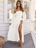 Vestido Longo Boho de Uma Manga Comprida, Cintura Elástica, Barra Larga com Fenda, para Férias na Praia, Personalizado, Transfronteiriço, Europa e América
