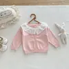 Cárdigan de Punto con Solapa de Encaje Dulce de Manga Larga para Niñas, Chaqueta Pequeña Versátil Estilo Coreano para Bebé, Primavera/Otoño
