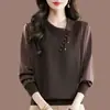 2026 Primavera/Outono Nova Camiseta Elegante com Gola Lapela de Manga Longa para Mulheres, Solta, Cobre a Barriga, Versátil, Fashionável, Elegante, Camada Base de Tricô