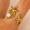 Anel de Aço Inoxidável com Pérola de Zircônia Estilo Oceano Cruzado Europeu e Americano Anel de Estrela do Mar Concha Búzio Joia de Mão Elegante para Mulheres