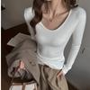 Camiseta Básica de Gola V Escovada Cor Lisa Ombro Direito Manga Longa para Mulheres no Outono e Inverno Top Interno Slim de Alta Qualidade Camisa Casual para Usar por Baixo