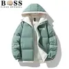 Jaqueta de Algodão Quente Masculina de Inverno Cor Sólida Estampada Manga Caída, Casaco de Algodão Confortável Larga Tendência Marca Casal com Capuz