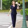 Nuevo Conjunto de Traje Estilo Chino para Mujeres de Mediana Edad y Mayores, Elegante Conjunto de Dos Piezas de Verano con Top de Manga Corta y Pantalones de Pierna Ancha para Madres