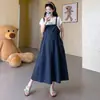 Conjunto de Dos Piezas para Maternidad Verano 2026 Estilo Coreano Holgazán Camiseta de Algodón Copo de Nieve para Maternidad + Vestido con Tirantes y Cordón para Ajustar la Cintura