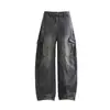 Jeans masculino moderno estilo americano, com múltiplos bolsos e pernas curvas, estilo retrô high-street, corte solto, versátil, casual, pernas largas, calça de trabalho