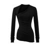 Camiseta Manga Longa Assimétrica com Ombro Caído, Design Sexy Estilo Pura Luxúria, Nova para Outono, Top Básico Slim com Pregas para Mulheres