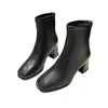 Botines de Tacón Grueso para Mujer Otoño/Invierno 2026 Nuevo Estilo Coreano Botas Adelgazantes con Forro de Terciopelo Punta Cuadrada Sexy Cremallera Botines Cortos