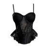 Camisola de encaje estilo francés con ballenas para mujer, entallada a la cintura, adelgazante, con volantes, sin tirantes, con cierre de corchete en la espalda