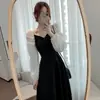 Vestido Negro Pequeño Estilo Hepburn para Mujer 2026 Primavera y Otoño Nuevo Vintage Cuello en V Largo Por Encima de la Rodilla Negro Elegante Vestido Falda Larga